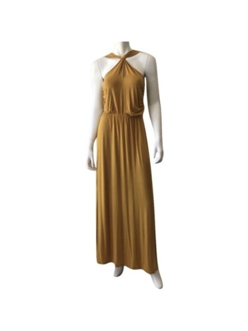 Elegant Gold Keyhole Halter Maxi Dress Soft Flowing